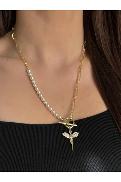 Luseda قلادة نسائية ذهبية اللون بطول 55 سم مع تفاصيل من اللؤلؤ على شكل ملاك