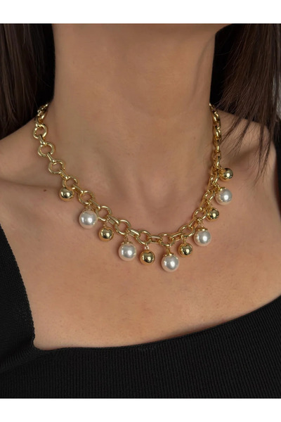 Luseda VIP Gold İnci Detaylı Kadın Kolye 40+5 cm Ayarlanabilir Zincir