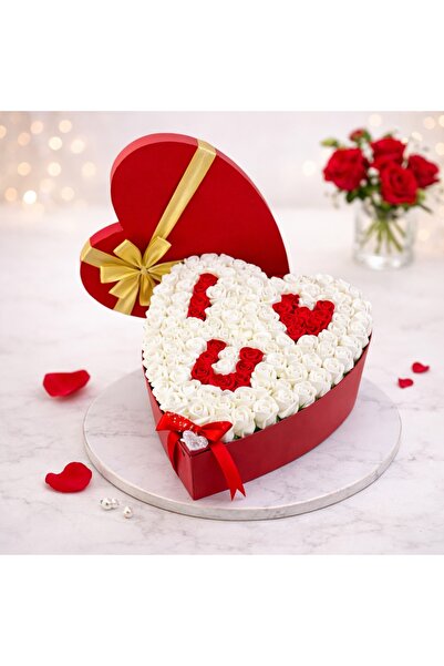 velve Aranjament floral Love cu 119 trandafiri de sapun in cutie inima 49 cm