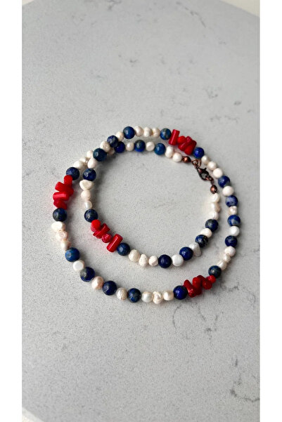 Doğaltaş Masalları قلادة مع تفاصيل اللؤلؤ واللازورد والمرجان