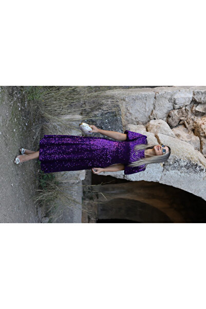 bytugcekaya Rochie mov cu mâneci cu balon și paiete