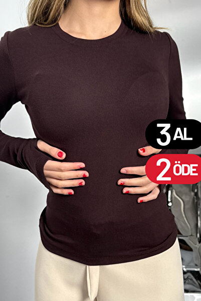 Mogi Butik Women's Buzzy Fingerless Crew Neck Basic Body Brown 3125