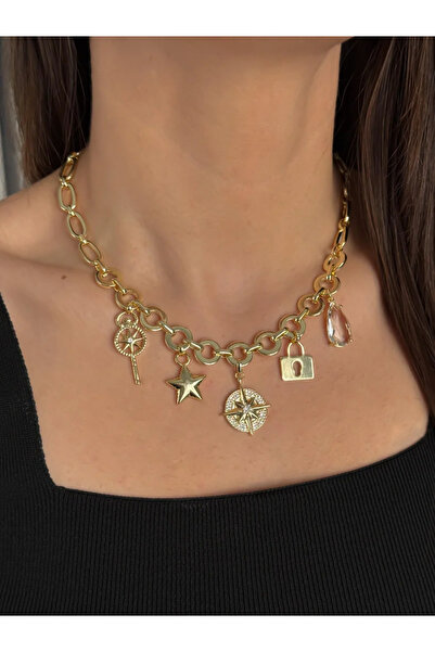 Luseda Yıldız & Kilit & Pusula Figürlü Gold Ayarlanabilir 45+5 cm Kalın Zinci...