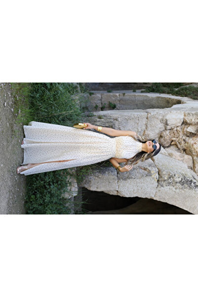 bytugcekaya Ekru Puantiyeli Halter Yaka Elbise