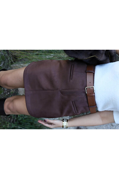 bytugcekaya Fusta din piele intoarsa maro cu detaliu buzunar si curea