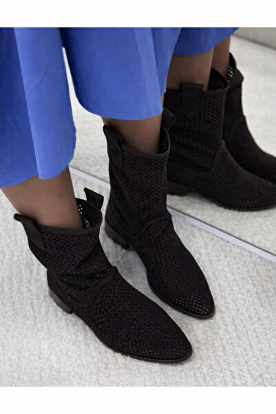 POTEEN Cizme de vară cu toc scurt perforate pentru femei Ptc Devine piele înt...