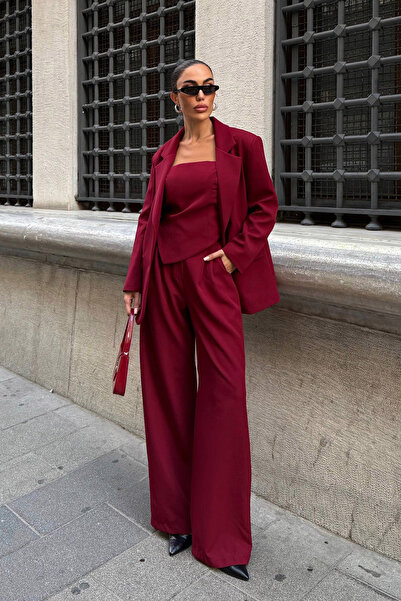 Ortaya Çık Бордовий блейзер, блуза, штани-палаццо, 3-комплектний костюм
