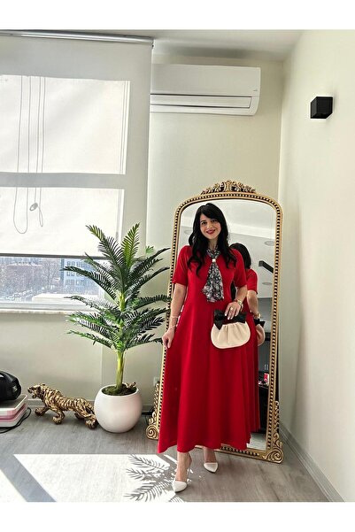 modadagiyim Rochie roșie pentru femei, mărime maxi cloș cu volane cu mânecă s...