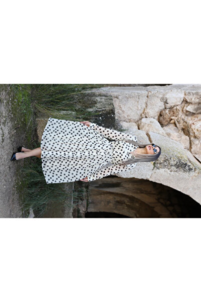 bytugcekaya White Polka Dot Chiffon Shirred Waist Lined Shirt Dress