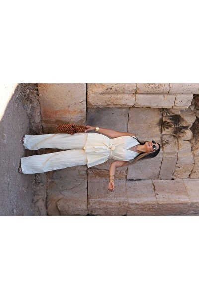 bytugcekaya Yellow Tie-Up Crinkle Blouse Trousers Set