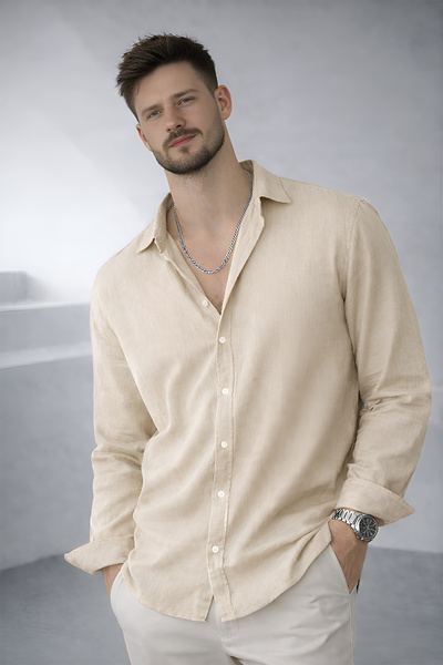 beuivo قميص رجالي بيج كبير الحجم ذو ملمس كتان أيروبين
