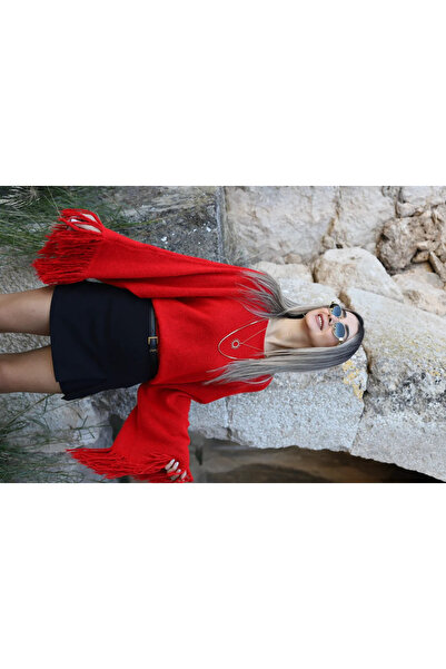 bytugcekaya Pulover roșu cu mâneci cu ciucuri, mărime standard