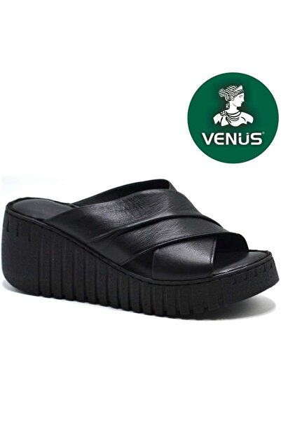 Venüs أستيك جلد أصلي نسائي شبشب أسود