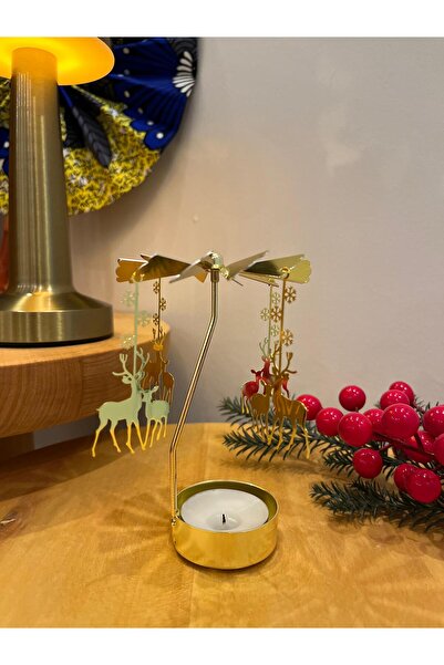 serce REN GEYİĞİ DEKORATİF GOLD ISI İLE DÖNEN MUMLUK HEDİYELİK