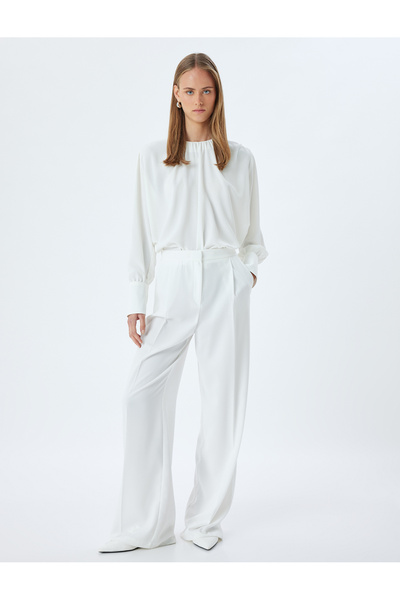 Koton Uzun Kollu Bluz Manşetli Yuvarlak Drapeli Yaka Krep Kumaş