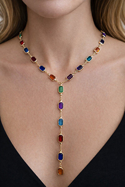 Modex Round Colored Stone Crop Low-Cut Y Necklace (56cm)