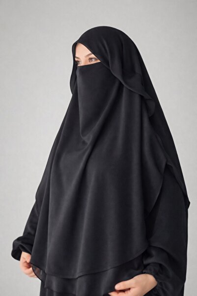 Fashion journey Hanique Black 2-Layered Chiffon Shadowed Oval Souffle Veil - Full Coverage Headscarf - Hajj Umra Souffle Khimar-