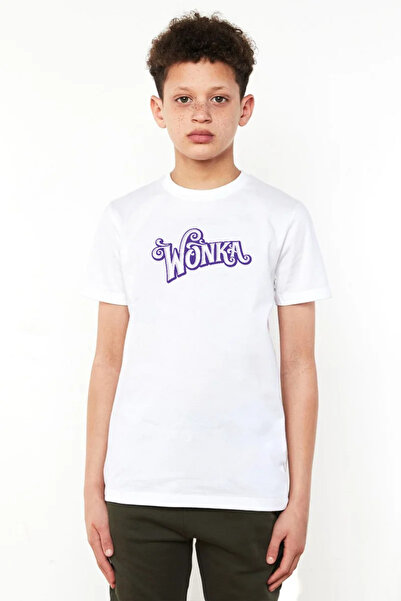 Tshirthane تي شيرت أبيض للأطفال برقبة دائرية بشعار Willy Wonka