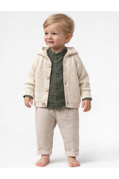Nipperland Erkek Bebek 3-12 Ay Keten 3’lü Premium Takım Triko Hırka Gömlek Pa...