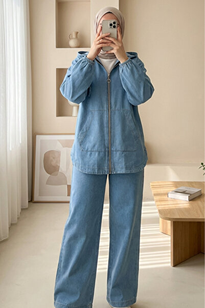 Modamorfo Hooded Zippered Front Pocket Jeans Set with Elastic Sleeves - Light...