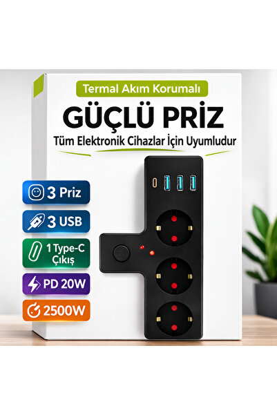 TUROVE Yeni Nesil 3 Lü Duvar Priz Termal Akım Korumalı 3-x-usb 1-type-c 20 W ...