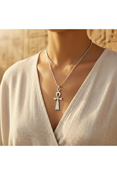 Alooya Ankh Anahtarı - Nil'in Anahtarı Gümüş Kaplama Örme Zincir Kolye