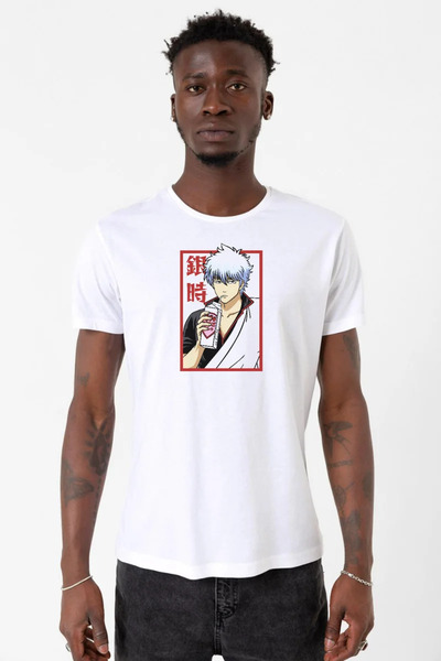 Tshirthane Gintama Anime Gintoki Fruit Juice White Men's Bike Collar T-shirt