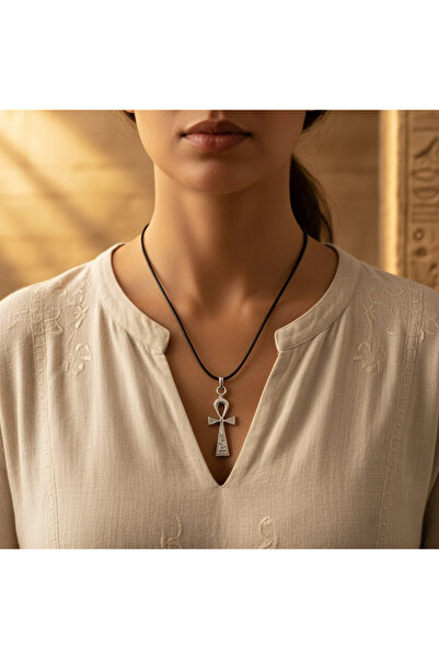 Alooya Ankh Anahtarı - Nil'in Anahtarı Gümüş Kaplama Deri İp Kolye