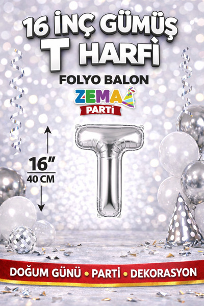 16 İnç Gümüş T Harfi Folyo Balon 40 cm Silver Doğum Günü Parti Dekorasyon
