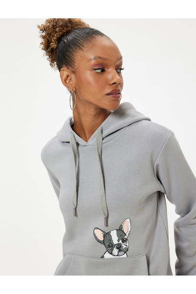Koton Oversize Kapüşonlu Sweatshirt Kanguru Cep Detaylı Köpek Baskılı Şardonlu