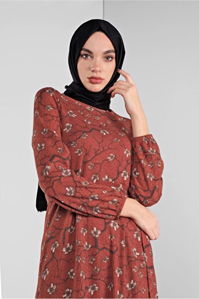 TRENDTESETTÜR KADIN KAHVE (KİREMİT) ÇİÇEK DESENLİ ELBİSE 1446