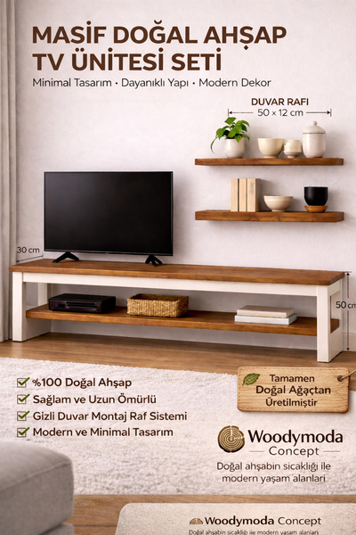Woodymoda Masif Doğal Ahşap TV Ünitesi 150 cm – Modern TV Sehpası ve Duvar Ra...