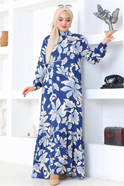 TRENDTESETTÜR KADIN LACİVERT (İNDİGO) DESENLİ VİSKON TESETTÜR ELBİSE T 3520