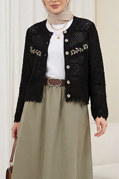 Modamorfo Buttoned Front Embroidered Lace-Like Knit Knitwear Cardigan - Black