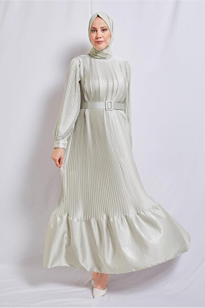 TRENDTESETTÜR KADIN BEJ (TAŞ) KEMERLİ PİLİSELİ ABİYE ELBİSE T 3534