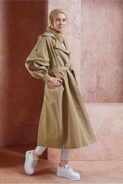 TRENDTESETTÜR KADIN KAHVE (CAMEL) KUŞAKLI PAMUKLU TRENÇKOT T 6201