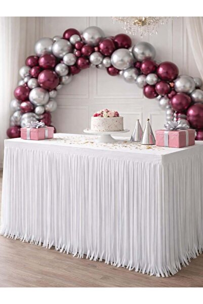 Parti Adresi Metalize Masa Eteği Püsküllü Parti Masa Eteği Beyaz