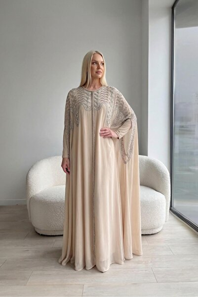 MİSS DİAMOND Kadın Vizon Şifon Taş İşlemeli Abaya Elbise