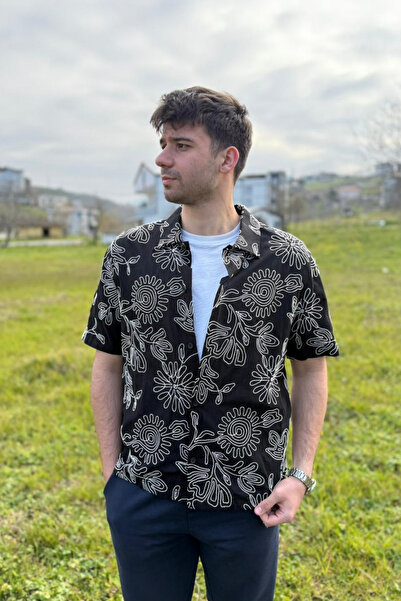 Yeva Çiçek Desenli Nakışlı Siyah Erkek Gömlek