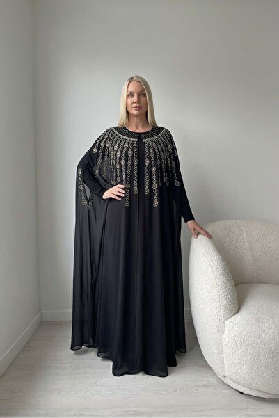 MİSS DİAMOND Şifon Altın Nakış İşlemeli Siyah Abaya Elbise Ferace