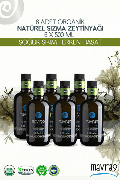 Mavras 6 Adet - Organik Soğuk Sıkım Natürel Sızma Zeytinyağı 500ml
