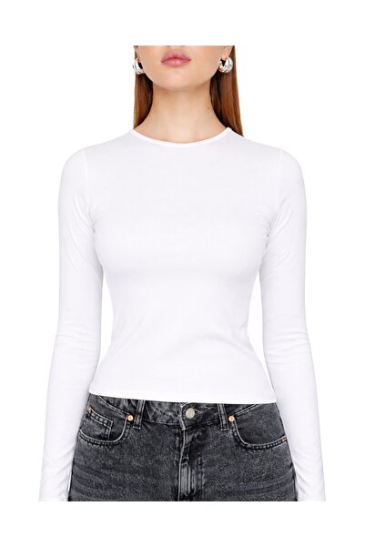 MODASPARK White Crew Neck Basic Ultra Soft Women's Long Sleeve Bodysuit