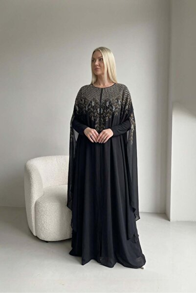 MİSS DİAMOND Siyah Şifon İnci Ve Altın İşlemeli Abaya Elbise