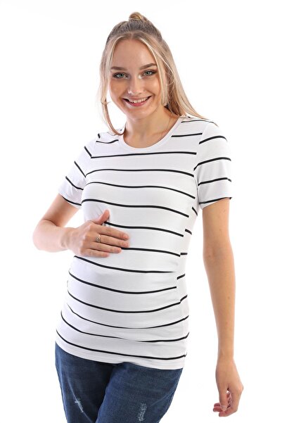 MEGHAN L.A Siyah-beyaz Hamile Çizgili Pamuklu Esnek Kumaş T-shirt
