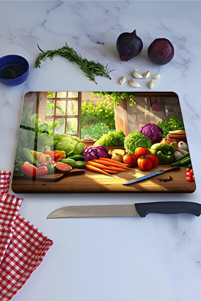 kutuTR Mutfak Penceresi ve Sebze Temalı Temperli Cam Kesme Tahtası 21x30 cm E...