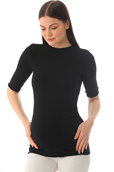MEGHAN L.A Bluză neagră de maternitate cu mâneci 3/4 din material moale și el...