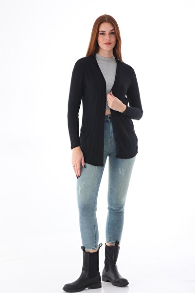 MEGHAN L.A سترة صوفية من القماش الناعم باللون الأسود مع جيوب