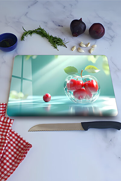 kutuTR Cherry and Water Drop Themed Tempered Glass Cutting Board 21X30 cm Siz...