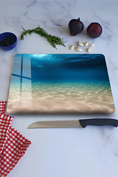 kutuTR Deniz ve Kum Desenli Temperli Cam Kesme Tahtası 21x30 cm Ebadında UV B...