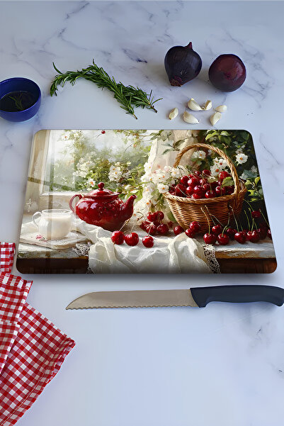 kutuTR Çaydanlık ve Kiraz Sepeti Desenli Temperli Cam Kesme Tahtası 21X30 cm ...